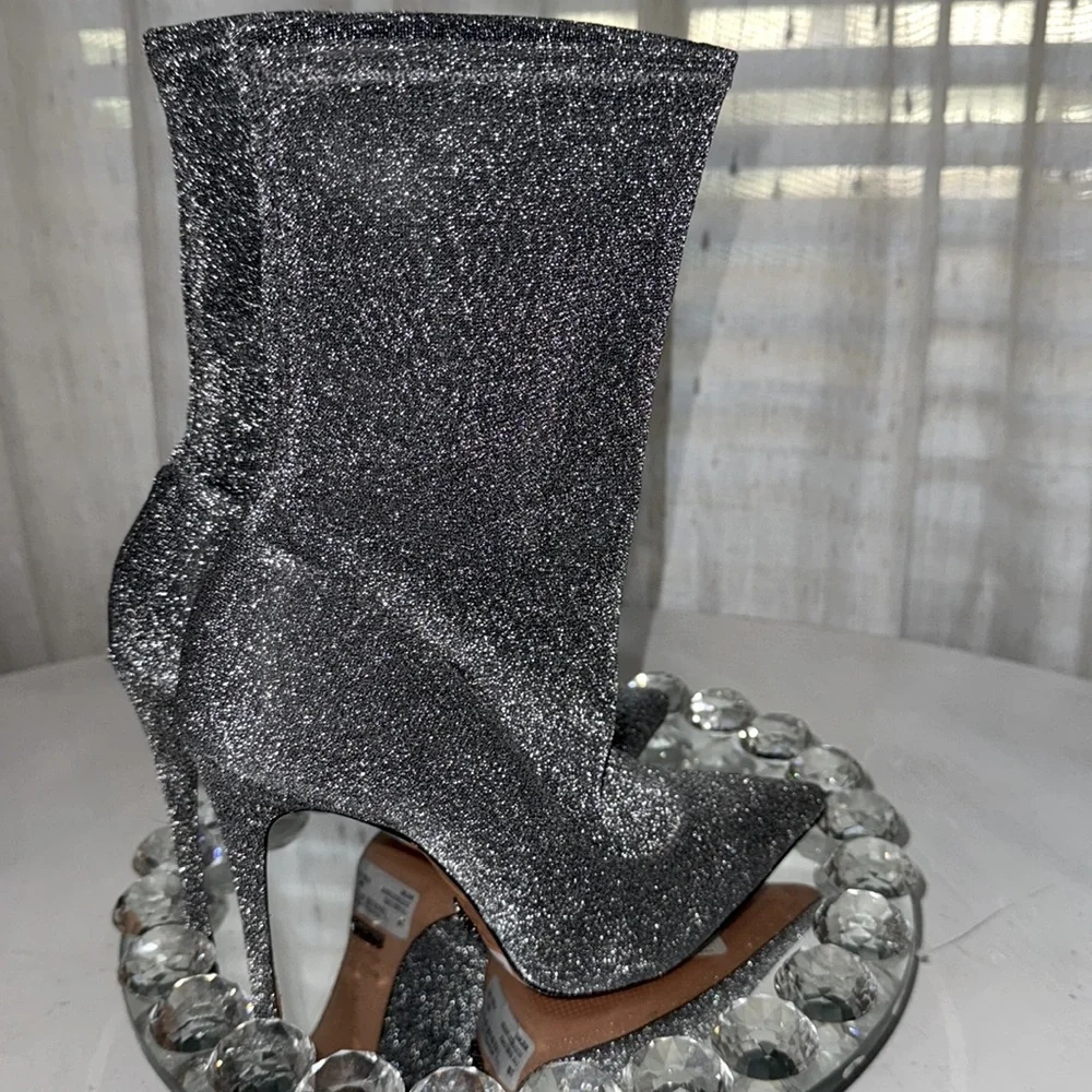 $258 SCHUTZ Silver Metallic Stretch Heeled Ankle Booties 9.5 NWT